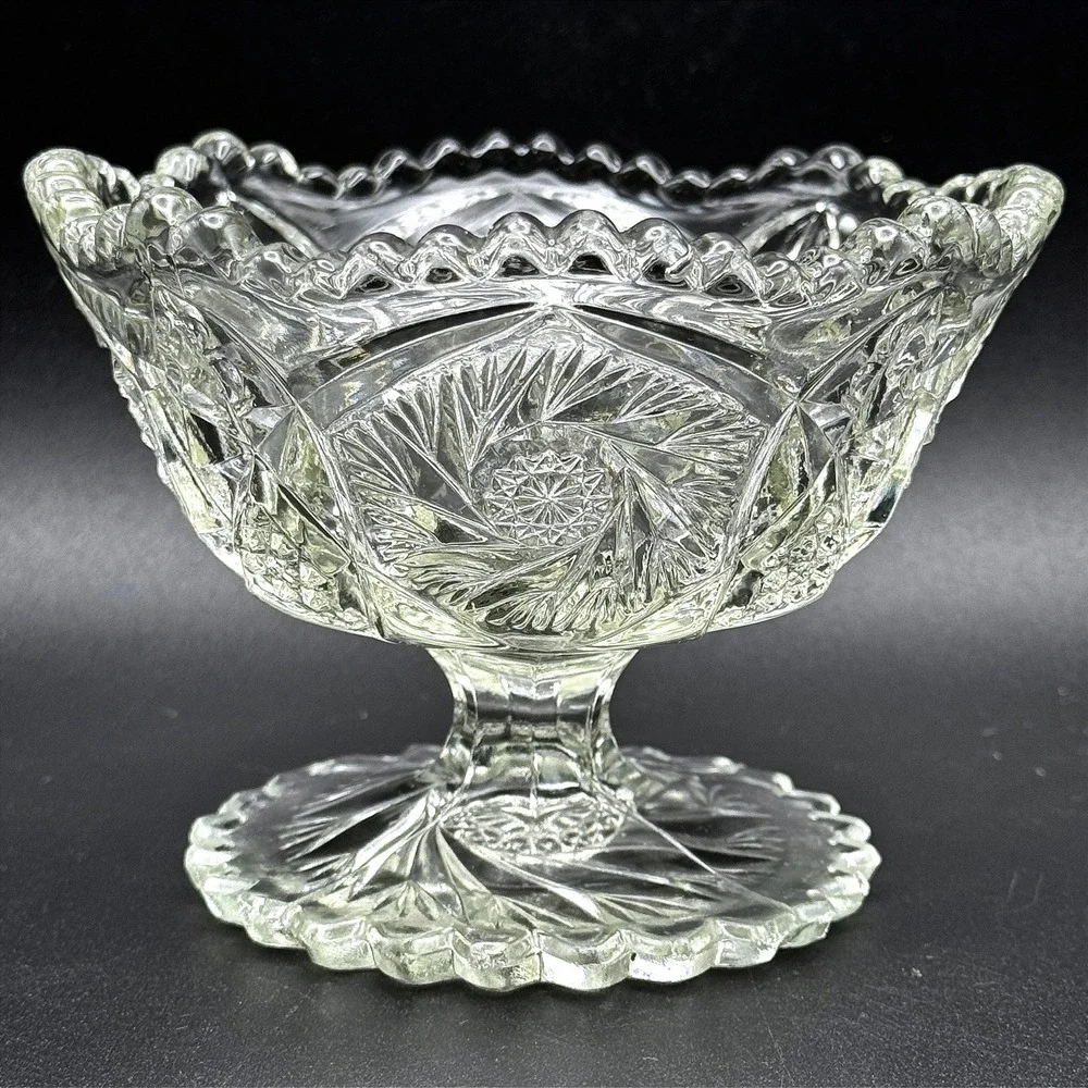 Vintage Imperial Glass Whirling Star Scallop Pressed Glass Pedestal Compote